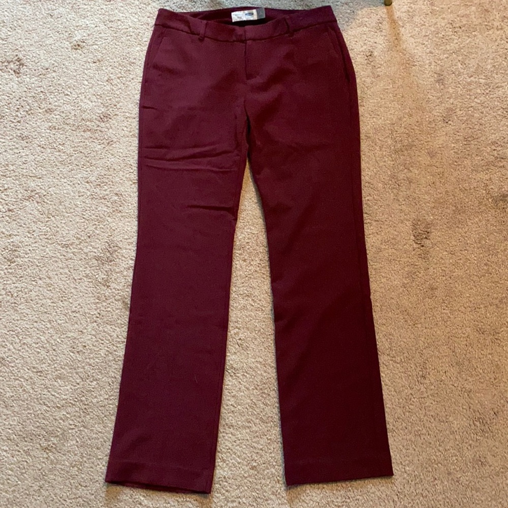 Maroon colored straight leg work slacks